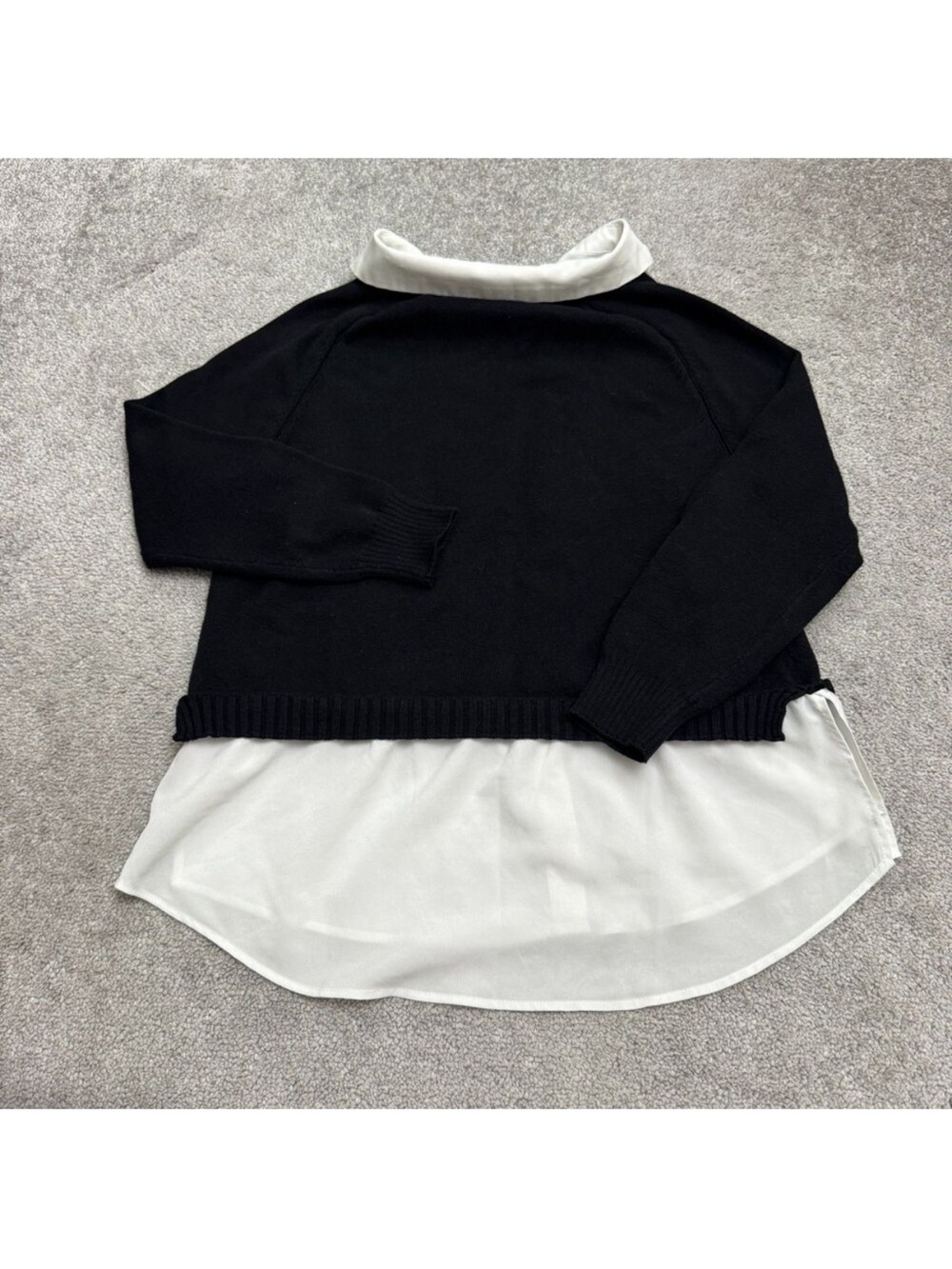 Adrianna Papell Black Layered-Look Crewneck Sweater with White Shirt Detail - Picture 3 of 13